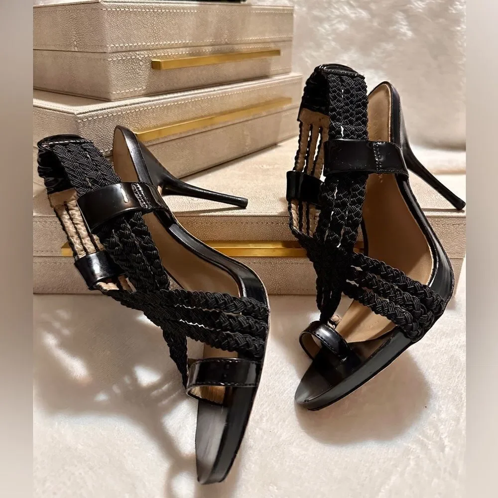 Donald J. Pliner Black Braided Leather Heeled Sandals – Size 8.5M